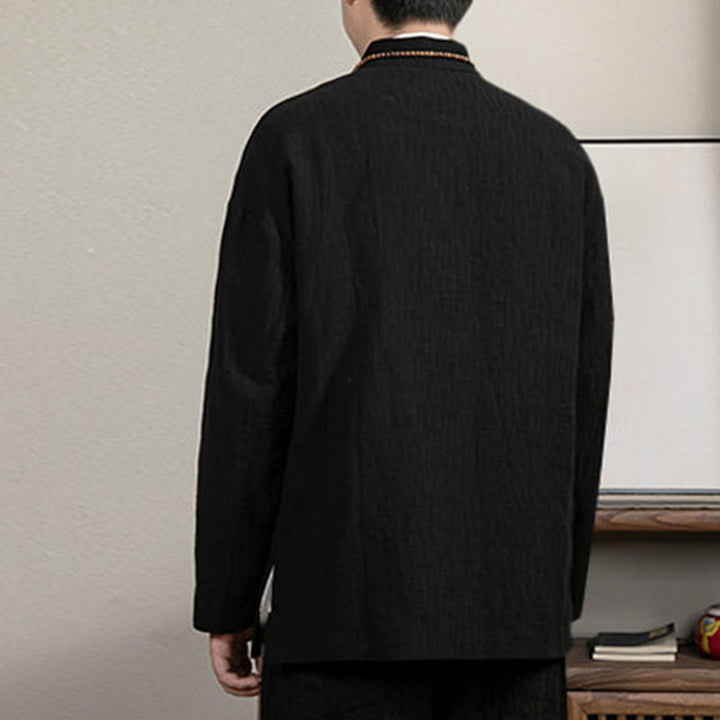 Buddha Stonesカジュアル フロッグボタン タンスーツ ジャカード リネン メンズ シャツ