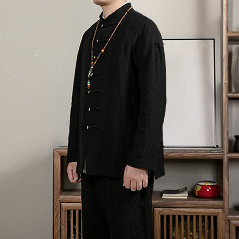 Buddha Stonesカジュアル フロッグボタン タンスーツ ジャカード リネン メンズ シャツ