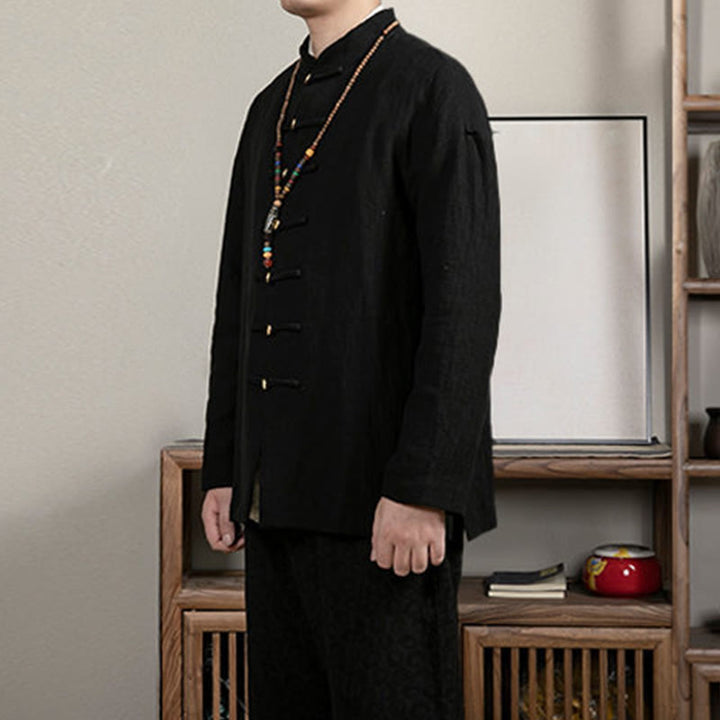 Buddha Stonesカジュアル フロッグボタン タンスーツ ジャカード リネン メンズ シャツ