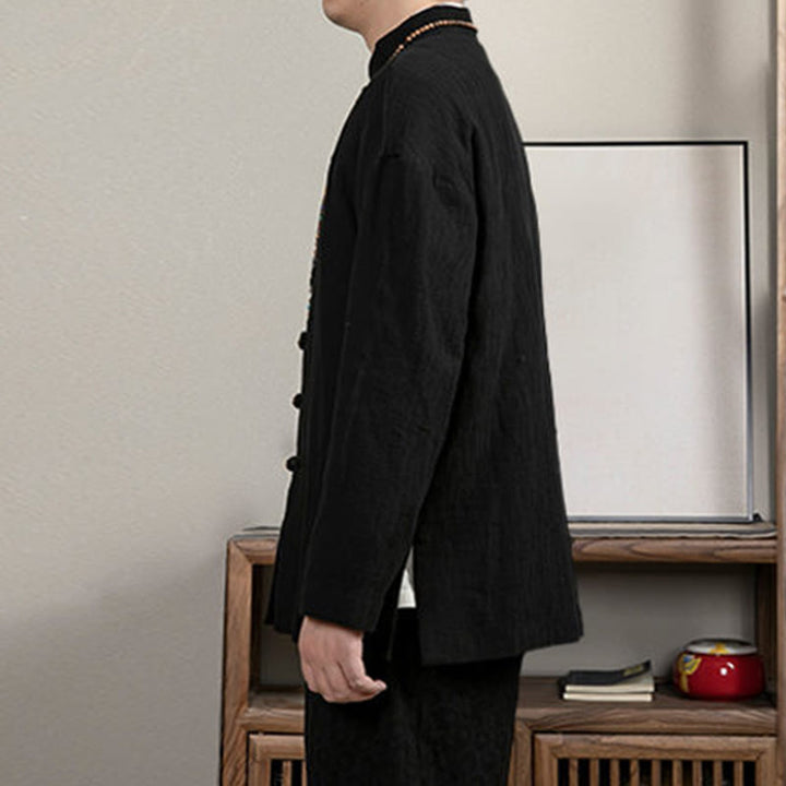 Buddha Stonesカジュアル フロッグボタン タンスーツ ジャカード リネン メンズ シャツ