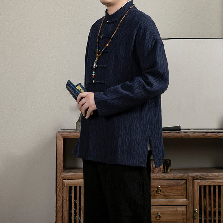 Buddha Stonesカジュアル フロッグボタン タンスーツ ジャカード リネン メンズ シャツ