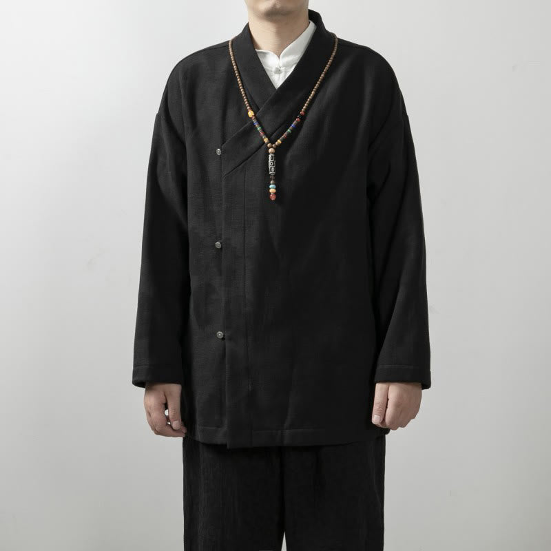 Buddha Stones無地 メンズ Vネック 長袖シャツ ジャカード コットン 衣類