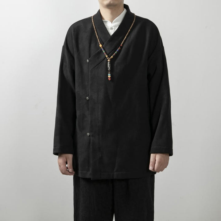 Buddha Stones無地 メンズ Vネック 長袖シャツ ジャカード コットン 衣類