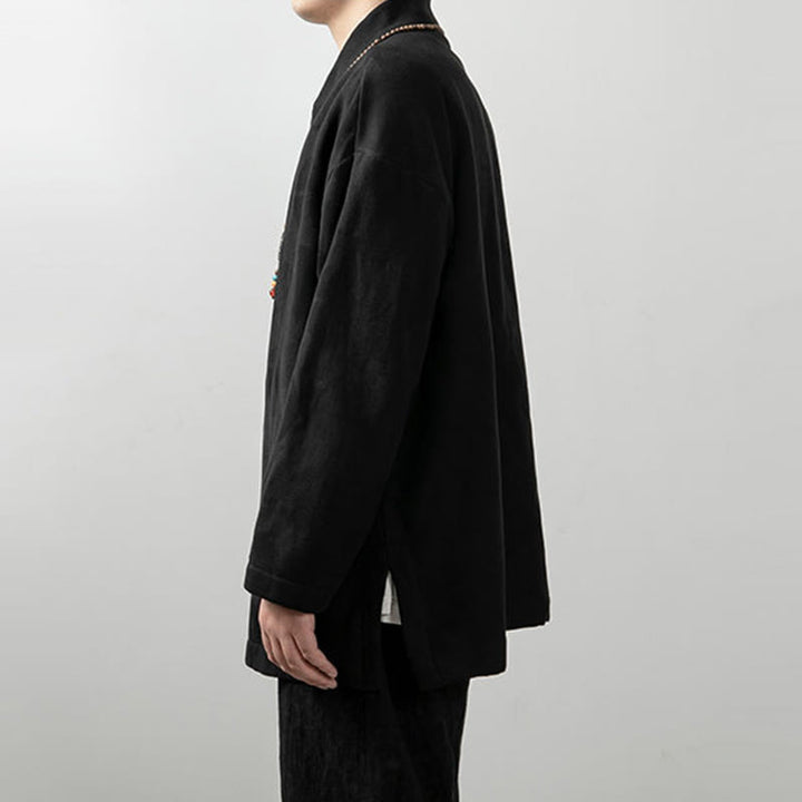 Buddha Stones無地 メンズ Vネック 長袖シャツ ジャカード コットン 衣類