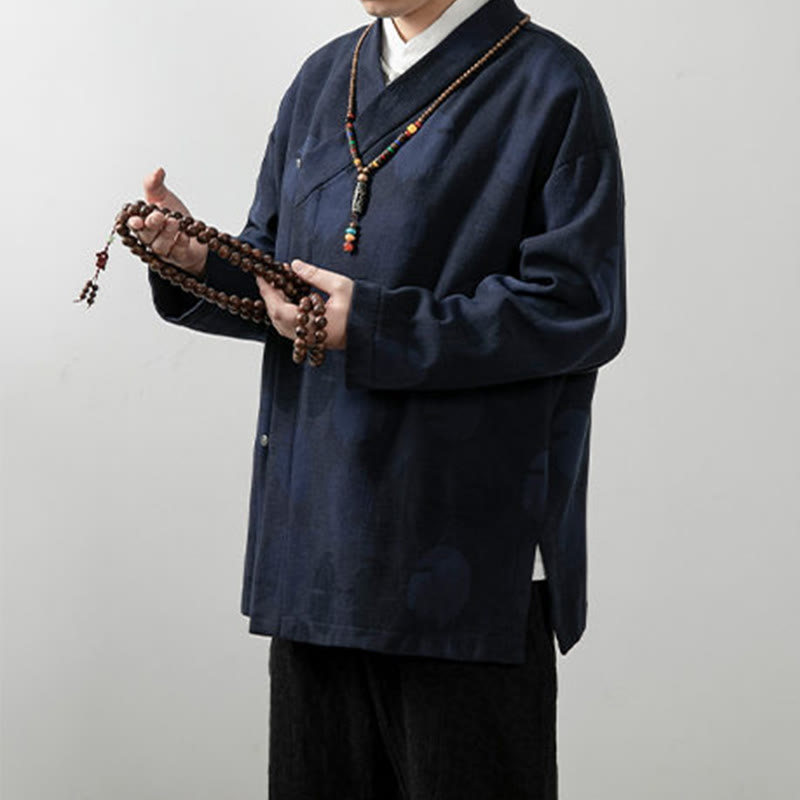Buddha Stones無地 メンズ Vネック 長袖シャツ ジャカード コットン 衣類