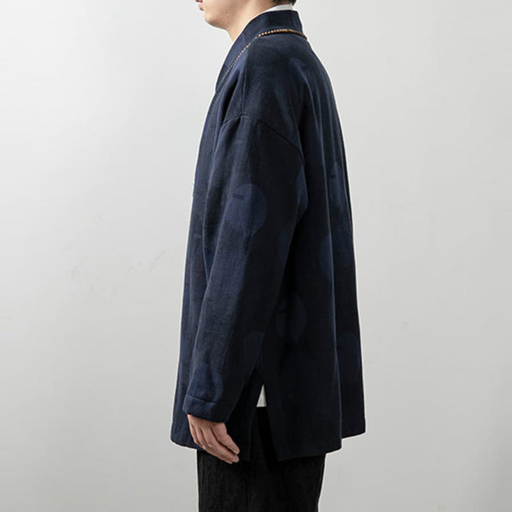 Buddha Stones無地 メンズ Vネック 長袖シャツ ジャカード コットン 衣類