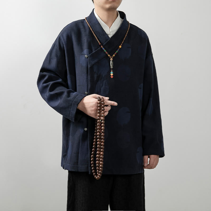 Buddha Stones無地 メンズ Vネック 長袖シャツ ジャカード コットン 衣類