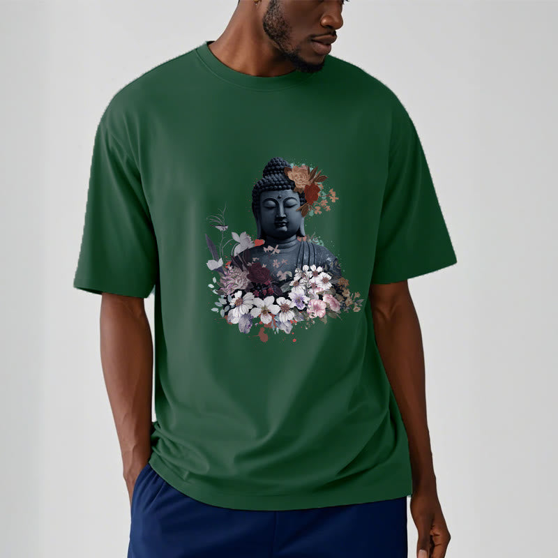Buddha Stonesと仏像を囲むカラフルな花柄Tシャツ - image 12