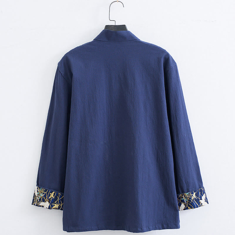 Buddha Stonesメンズ フロッグボタン タンスーツ コットン ホワイト クレーン刺繍 ジャケット シャツ ポケット付き