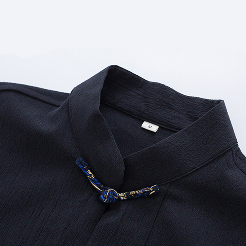 Buddha Stonesメンズ フロッグボタン タンスーツ コットン ホワイト クレーン刺繍 ジャケット シャツ ポケット付き