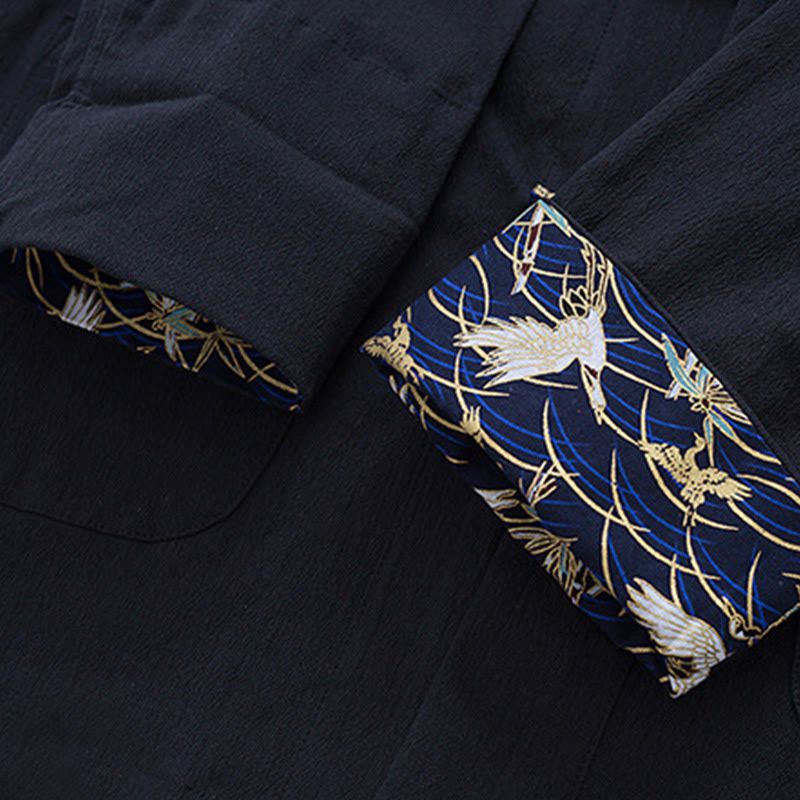 Buddha Stonesメンズ フロッグボタン タンスーツ コットン ホワイト クレーン刺繍 ジャケット シャツ ポケット付き