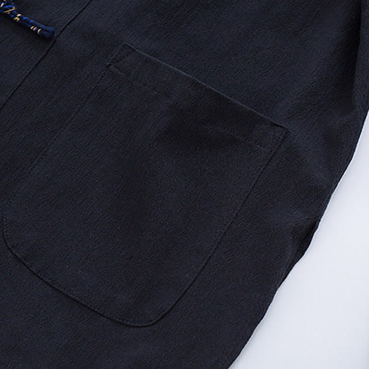 Buddha Stonesメンズ フロッグボタン タンスーツ コットン ホワイト クレーン刺繍 ジャケット シャツ ポケット付き