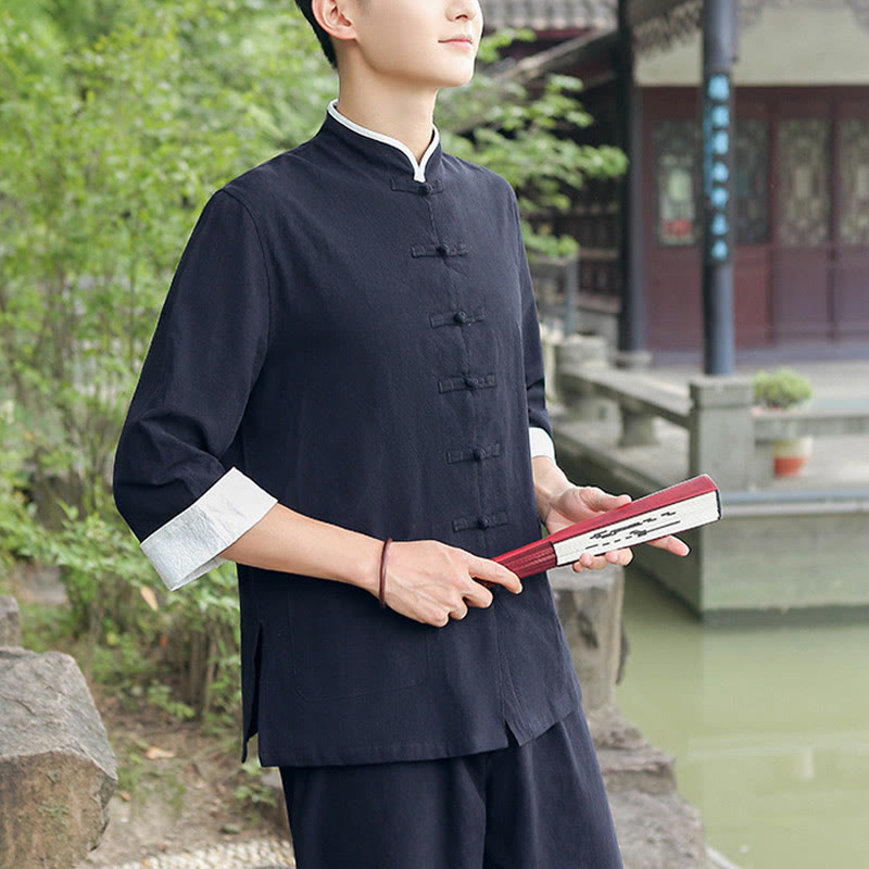 Buddha Stones 2点セット 秋 メンズ 唐装 カエルボタン コットン 七分袖 シャツ パンツ セット