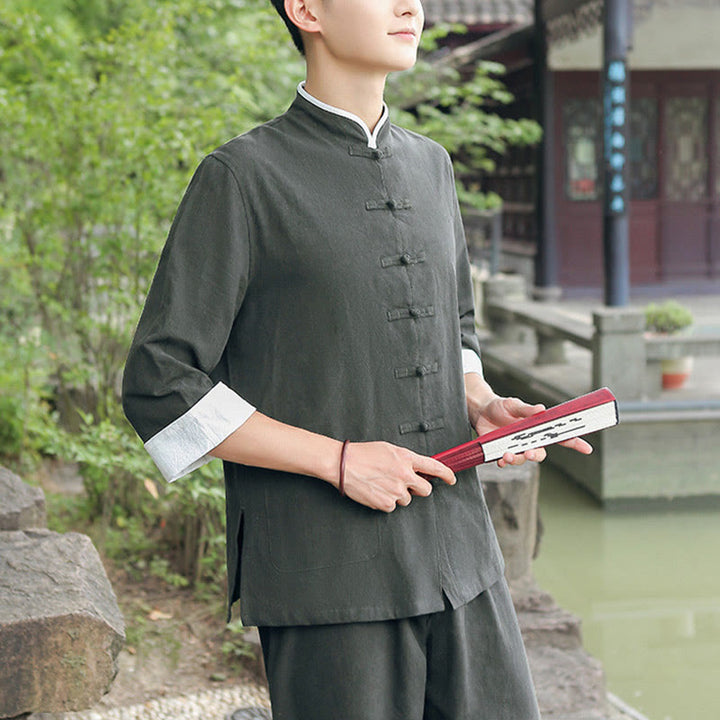 Buddha Stones 2点セット 秋 メンズ 唐装 カエルボタン コットン 七分袖 シャツ パンツ セット