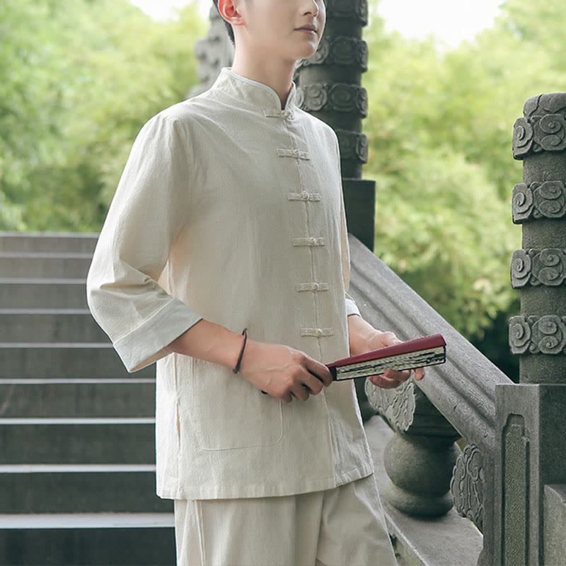 Buddha Stones 2点セット 秋 メンズ 唐装 カエルボタン コットン 七分袖 シャツ パンツ セット