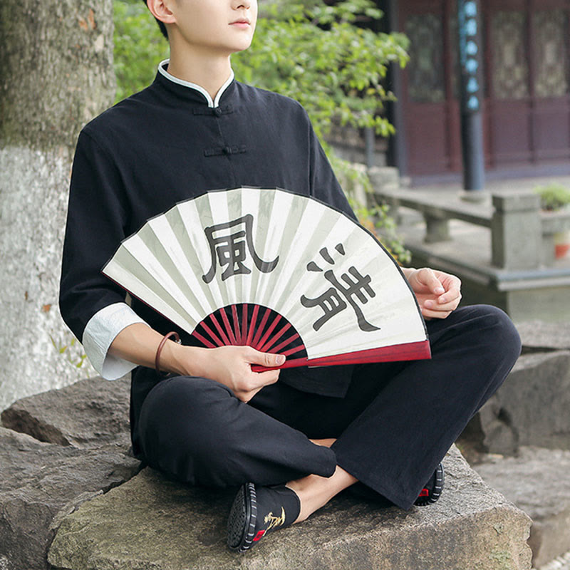 Buddha Stones 2点セット 秋 メンズ 唐装 カエルボタン コットン 七分袖 シャツ パンツ セット