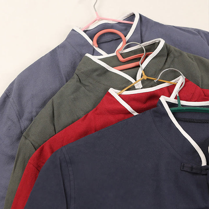 Buddha Stones 2点セット 秋 メンズ 唐装 カエルボタン コットン 七分袖 シャツ パンツ セット