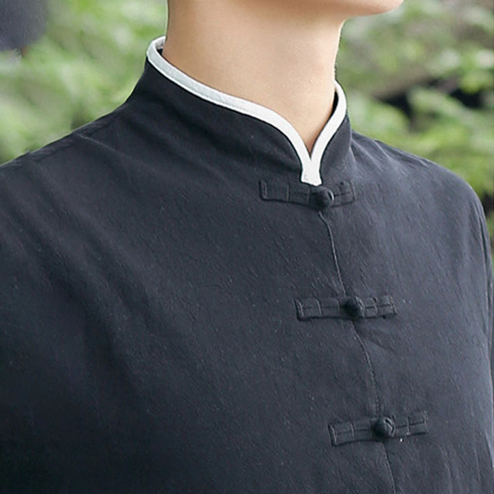 Buddha Stones 2点セット 秋 メンズ 唐装 カエルボタン コットン 七分袖 シャツ パンツ セット