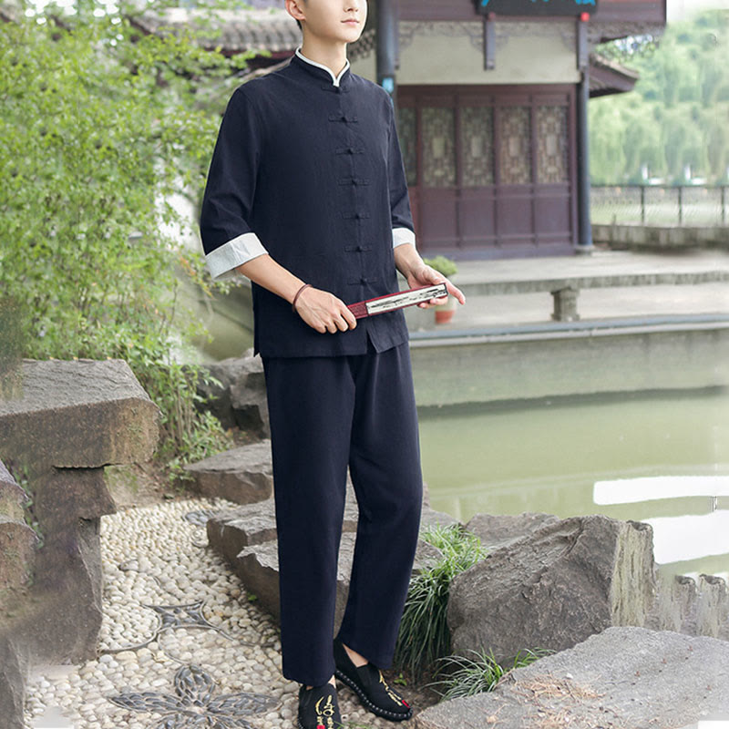 Buddha Stones 2点セット 秋 メンズ 唐装 カエルボタン コットン 七分袖 シャツ パンツ セット