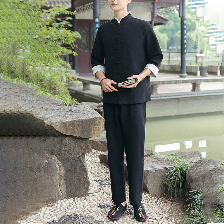 Buddha Stones 2点セット 秋 メンズ 唐装 カエルボタン コットン 七分袖 シャツ パンツ セット