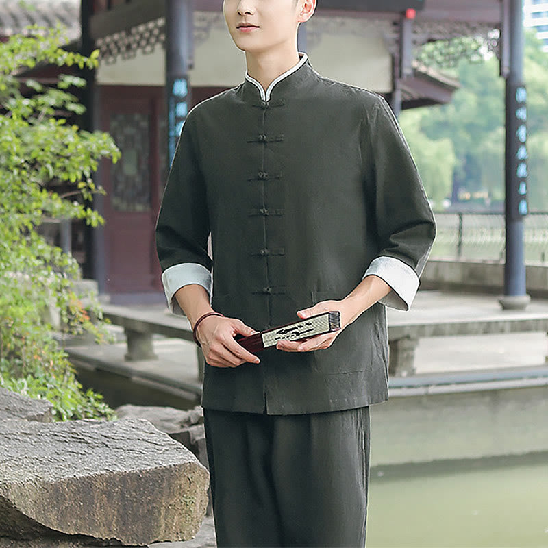 Buddha Stones 2点セット 秋 メンズ 唐装 カエルボタン コットン 七分袖 シャツ パンツ セット