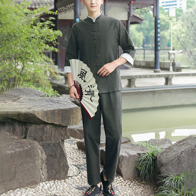 Buddha Stones 2点セット 秋 メンズ 唐装 カエルボタン コットン 七分袖 シャツ パンツ セット
