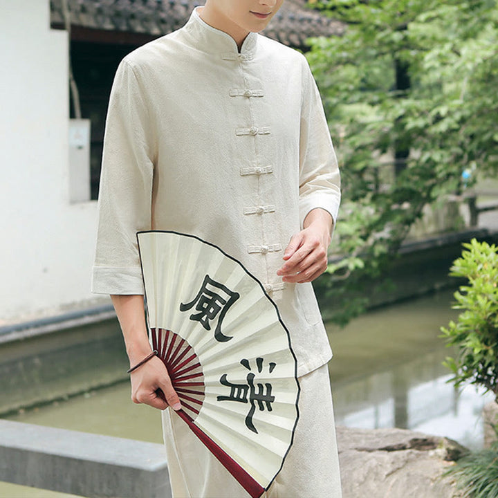 Buddha Stones 2点セット 秋 メンズ 唐装 カエルボタン コットン 七分袖 シャツ パンツ セット