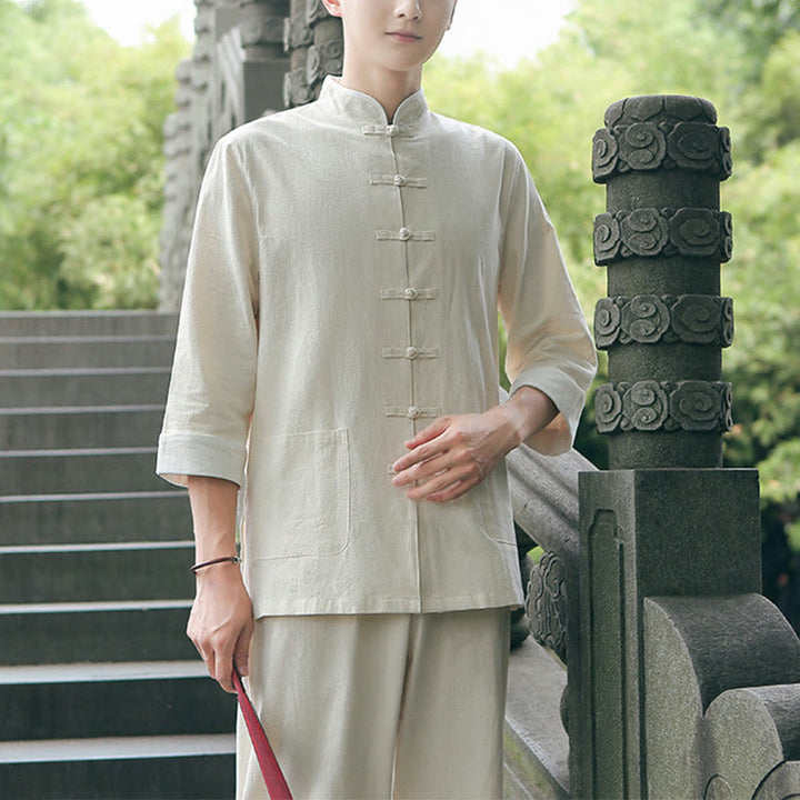 Buddha Stones 2点セット 秋 メンズ 唐装 カエルボタン コットン 七分袖 シャツ パンツ セット