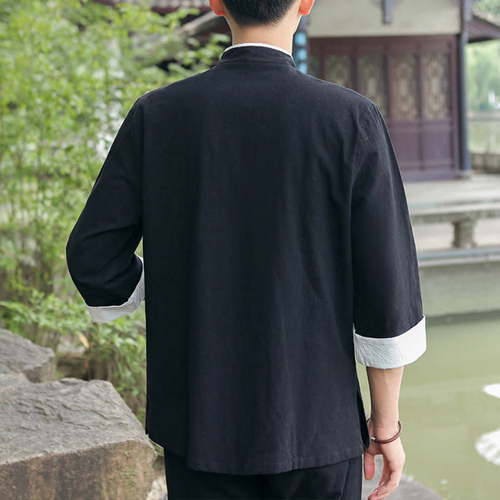 Buddha Stones 2点セット 秋 メンズ 唐装 カエルボタン コットン 七分袖 シャツ パンツ セット