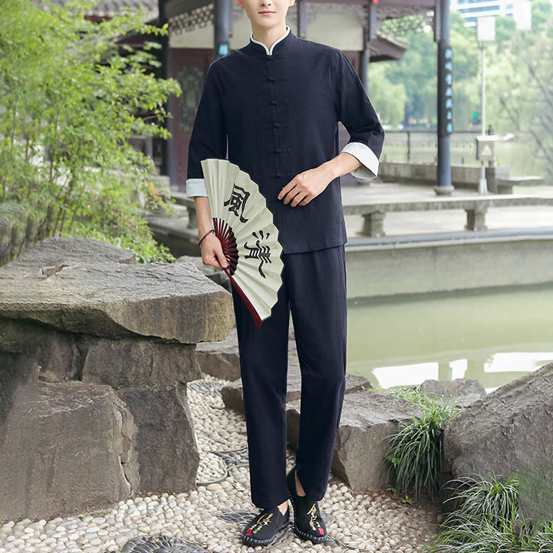 Buddha Stones 2点セット 秋 メンズ 唐装 カエルボタン コットン 七分袖 シャツ パンツ セット