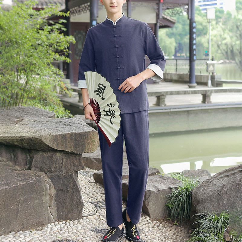Buddha Stones 2点セット 秋 メンズ 唐装 カエルボタン コットン 七分袖 シャツ パンツ セット