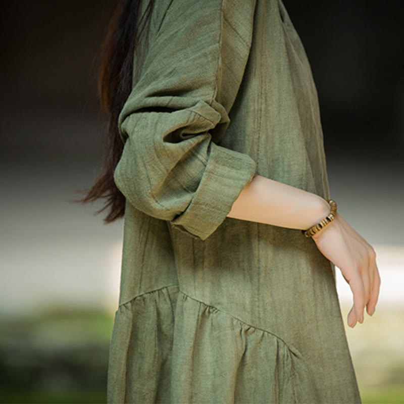 Buddha Stones無地 チャイナ Vネック 長袖 ラミー リネン ミディドレス