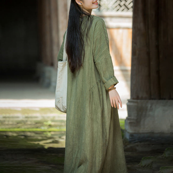 Buddha Stones無地 チャイナ Vネック 長袖 ラミー リネン ミディドレス