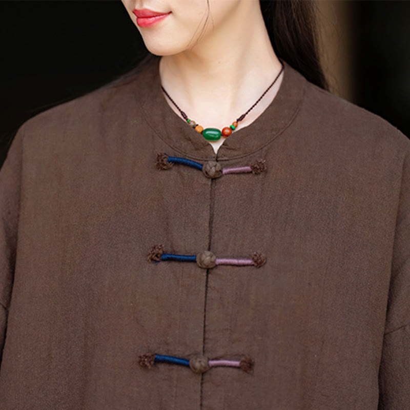 Buddha Stones無地 ツーカラー フロッグボタン 長袖 ラミー リネン レディース シャツ