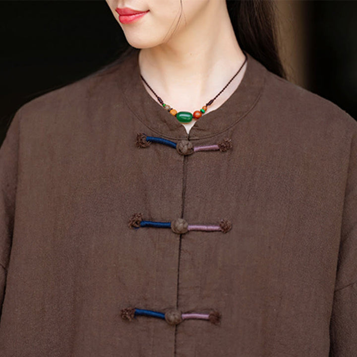 Buddha Stones無地 ツーカラー フロッグボタン 長袖 ラミー リネン レディース シャツ