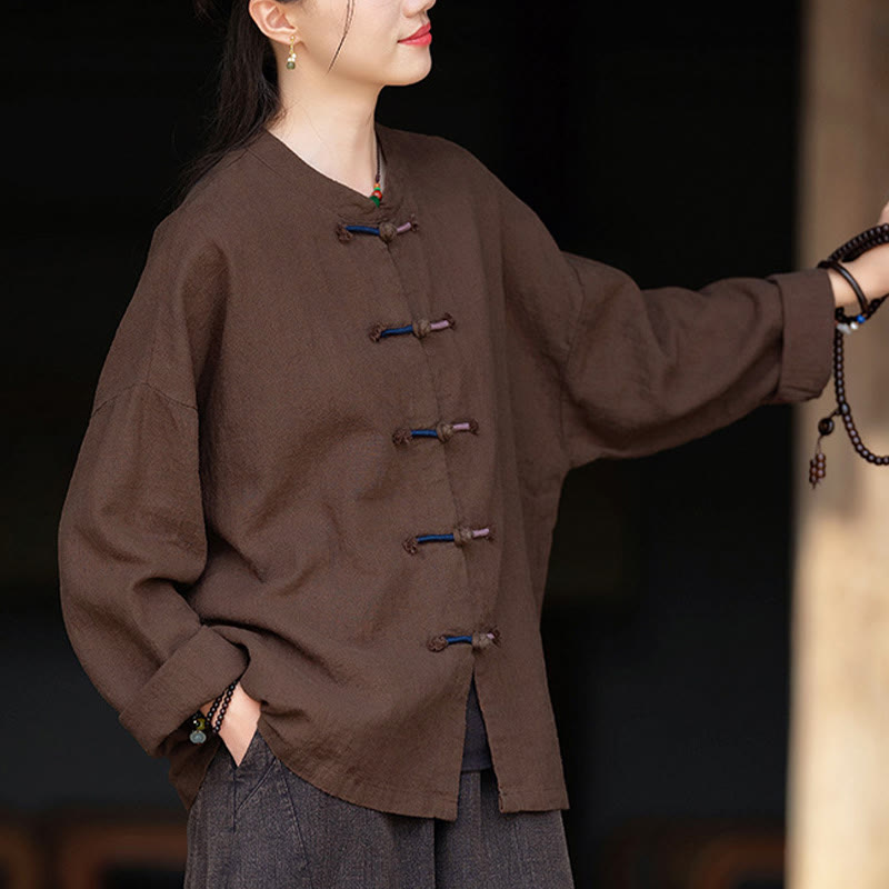 Buddha Stones無地 ツーカラー フロッグボタン 長袖 ラミー リネン レディース シャツ