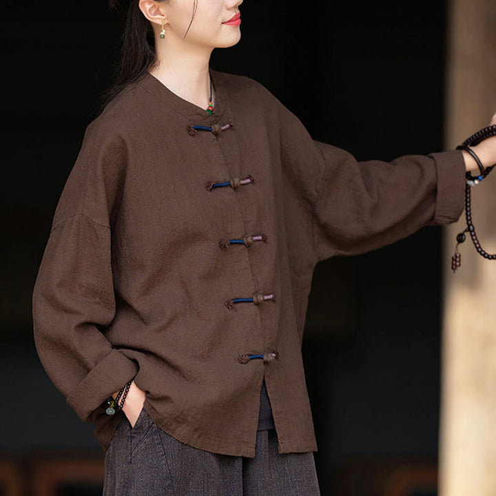 Buddha Stones無地 ツーカラー フロッグボタン 長袖 ラミー リネン レディース シャツ