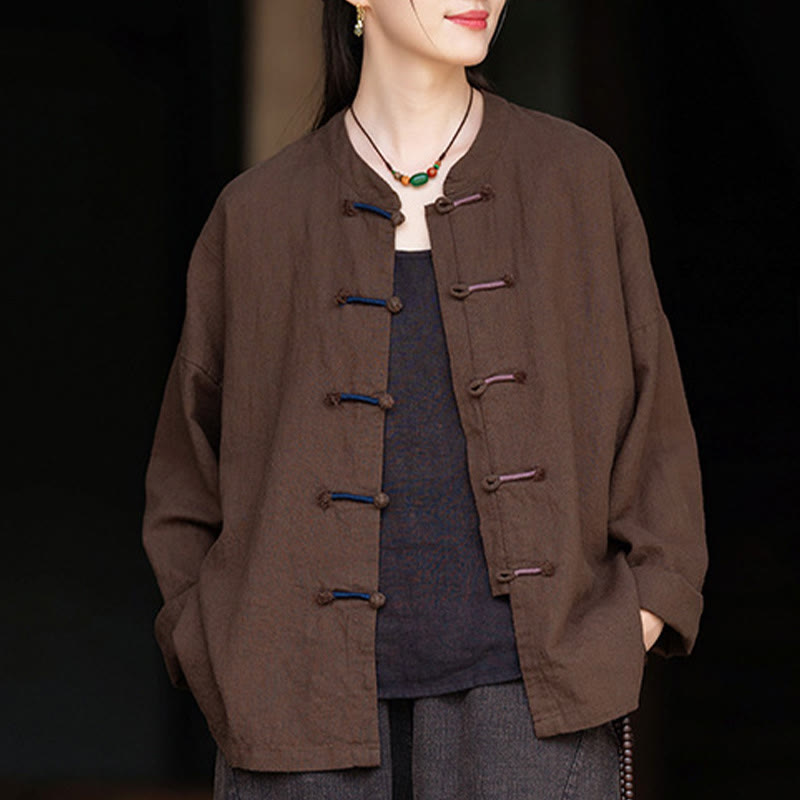 Buddha Stones無地 ツーカラー フロッグボタン 長袖 ラミー リネン レディース シャツ