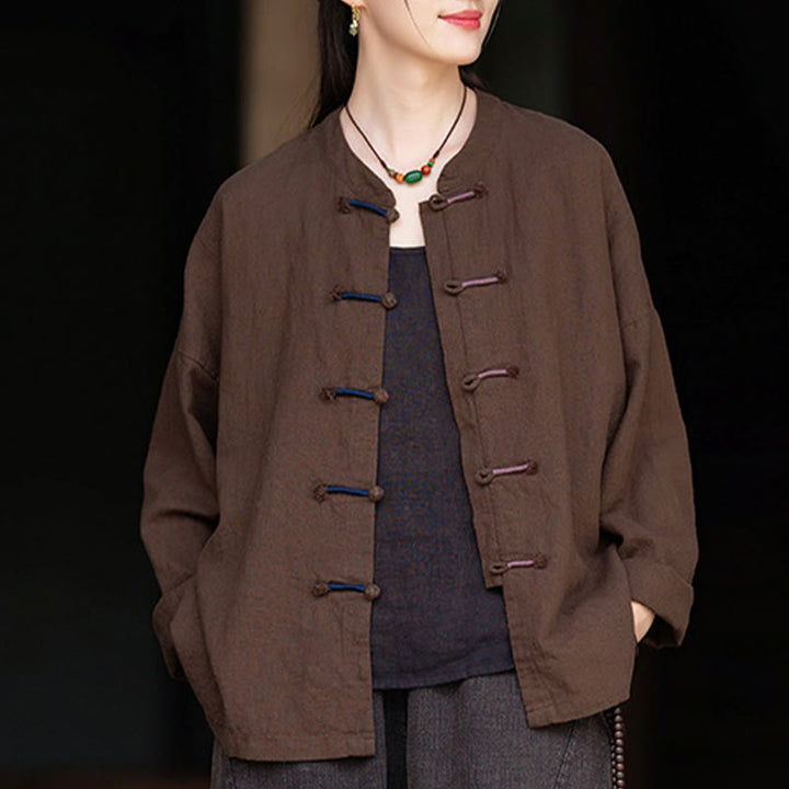 Buddha Stones無地 ツーカラー フロッグボタン 長袖 ラミー リネン レディース シャツ