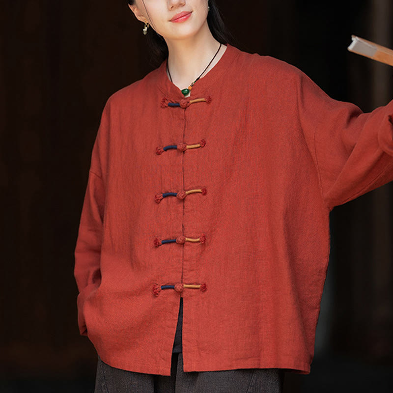 Buddha Stones無地 ツーカラー フロッグボタン 長袖 ラミー リネン レディース シャツ