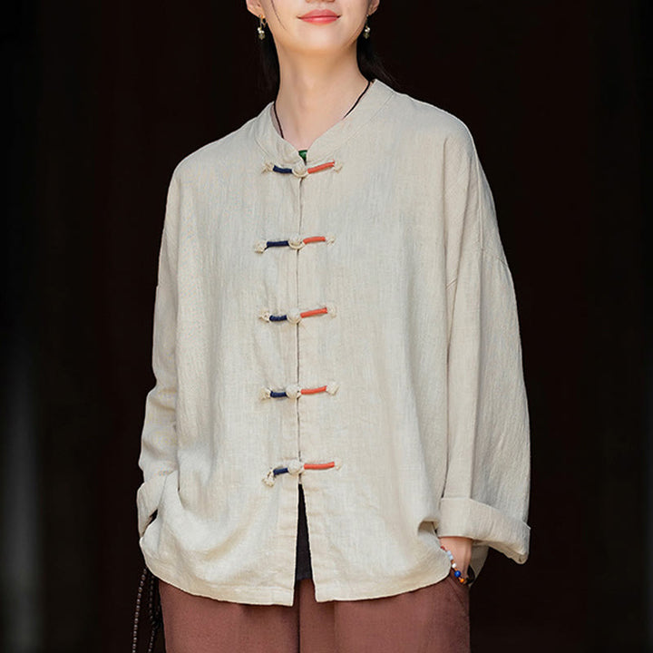 Buddha Stones無地 ツーカラー フロッグボタン 長袖 ラミー リネン レディース シャツ
