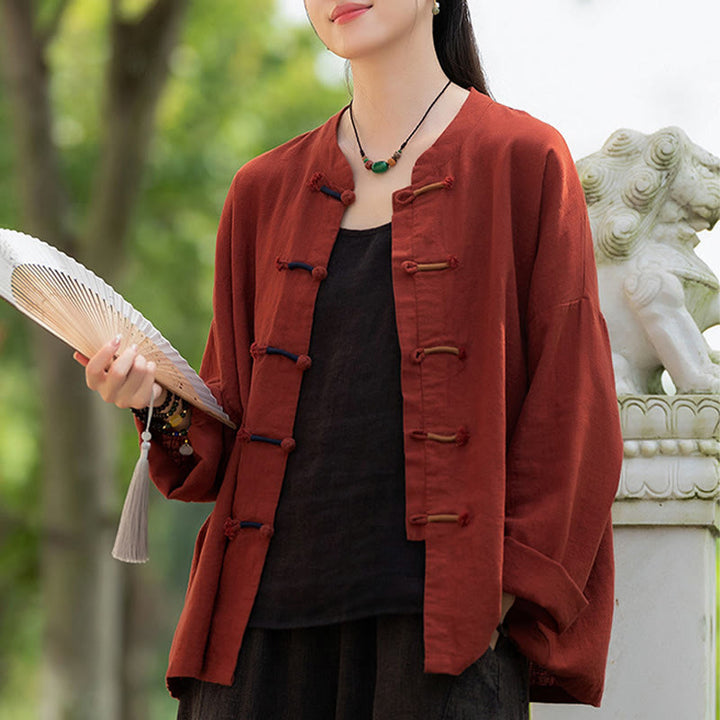 Buddha Stones無地 ツーカラー フロッグボタン 長袖 ラミー リネン レディース シャツ