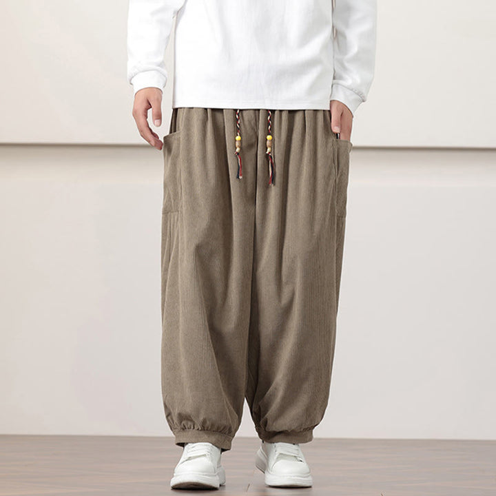 Buddha Stones無地コーデュロイドローストリングメンズハーレムパンツ(ポケット付き)