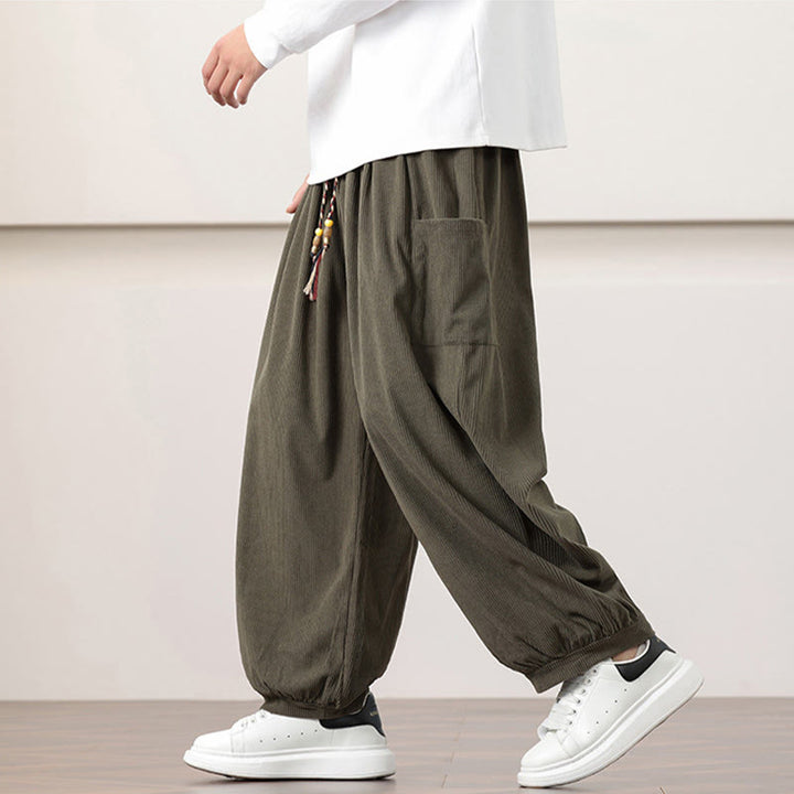 Buddha Stones無地コーデュロイドローストリングメンズハーレムパンツ(ポケット付き)