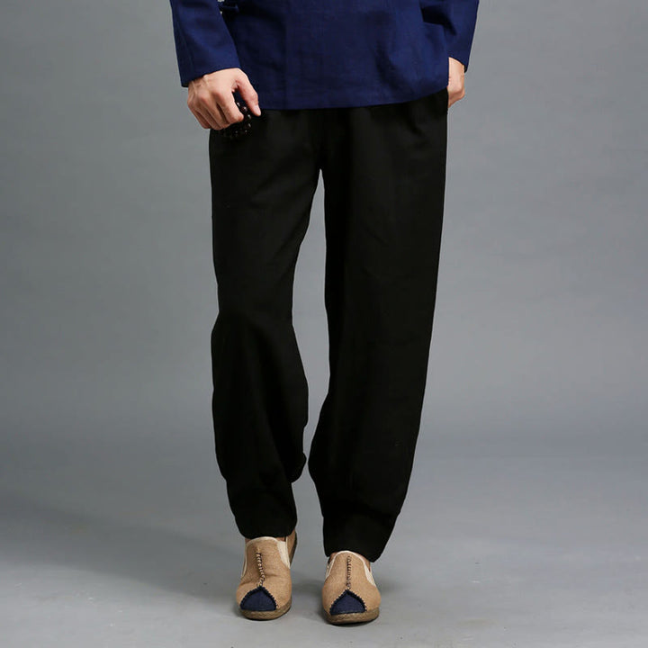 Buddha Stonesカジュアル 無地 伸縮性 ドローストリング ラミー リネン メンズ パンツ ポケット付き - image 20