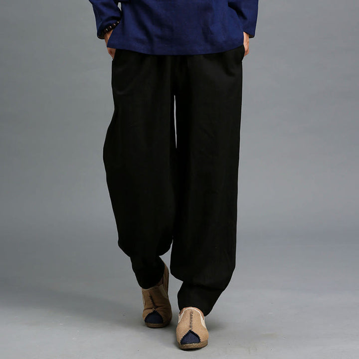 Buddha Stonesカジュアル 無地 伸縮性 ドローストリング ラミー リネン メンズ パンツ ポケット付き - image 21