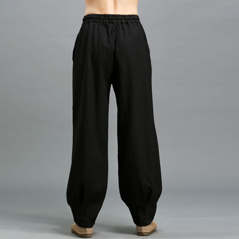 Buddha Stonesカジュアル 無地 伸縮性 ドローストリング ラミー リネン メンズ パンツ ポケット付き - image 15