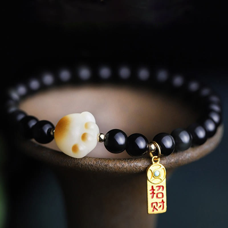 Buddha Stones黒曜石 猫の足 菩提樹幸運繁栄魔除け 浄化ブレスレット - 6mm黒曜石(手首周り:14~16cm) - image 1
