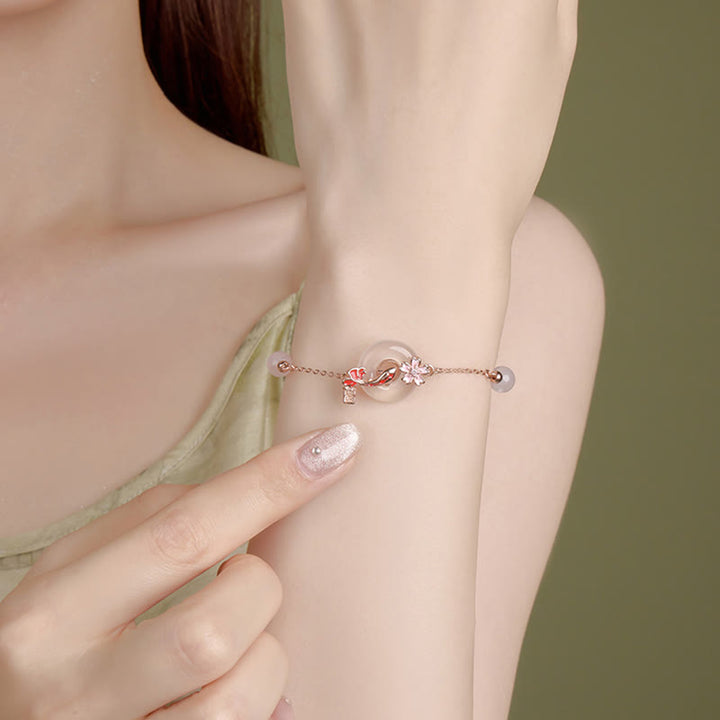 Buddha Stonesカルセドニー ピンククリスタル 925スターリングシルバー 花 鯉平和のお守りチャーム幸運を呼ぶブレスレット - image 3