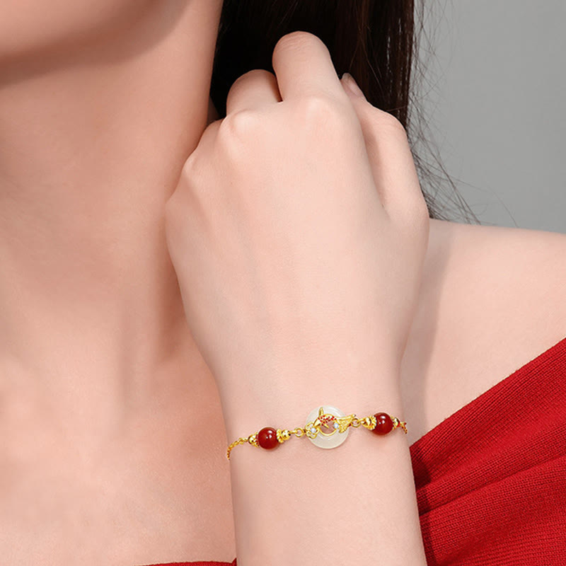 Buddha Stones天然和田翡翠925スターリングシルバー金メッキ赤瑪瑙ビーズ鯉の平和のお守りチャーム幸運ブレスレット - image 3